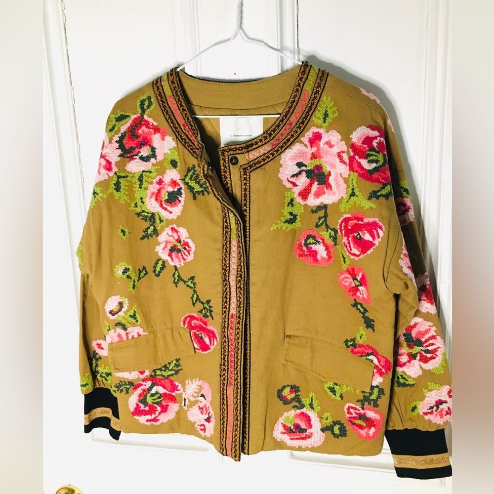 Anthropologie Floral Embroidered Jacket - Tan and Pink